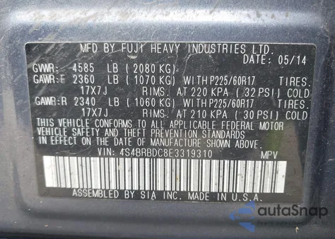 2014 Subaru Outback 2.5I Premium z USA, uszkodzony, nr VIN 4S4BRBDC8E3319310